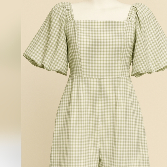Lena Green Gingham Puff Sleeve Romper Square Neck One Piece Outfit NWT L - Picture 1 of 8